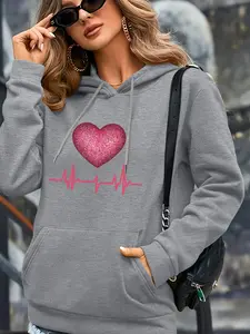 Valentine’s Day Heart Graphic Print Women's Oversized Graphic Hoodie Pockets - Lightweight Long Sleeve Printed Sweatshirt, Casual Comfy Pullover, Soft Casual Fall Lounge Wear for Daily & Home Use, Womenswear