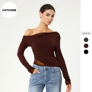 KatchMe Women's Chic Sloping Shoulder Semi-Sheer Solid Color Long Sleeve Top, Minimalist Stretch Breathable Top for Spring & Fall, Lady Comfort Outfit