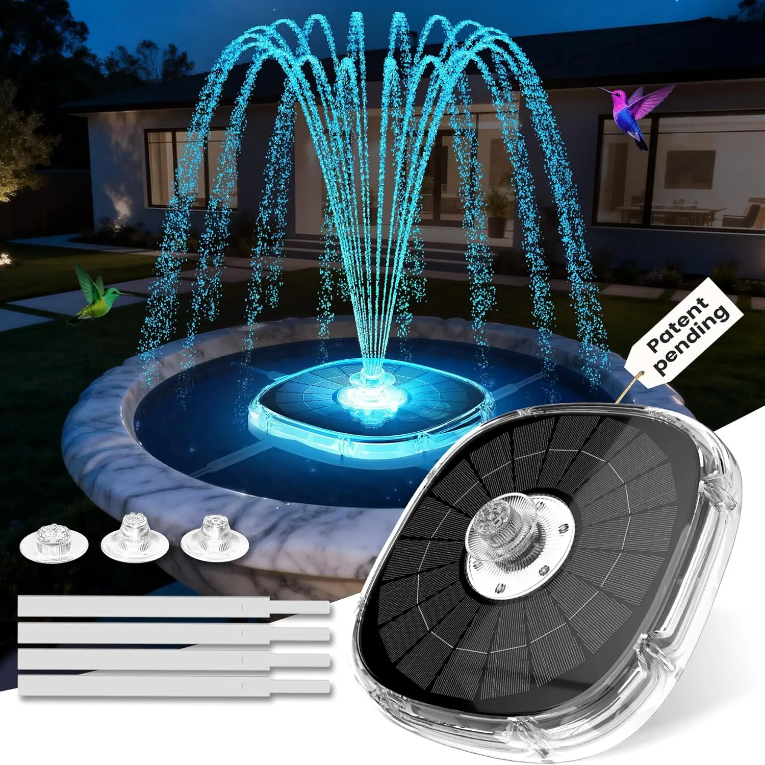 Solar-Powered UniWater Bird Bath Fountain, 2026 Upgraded, LED Lights, 4000mAh Battery, 9 Spray Modes, Brushless Motor, Anti-UV Coating, Outdoor Fountain for Wildlife Bird Baths & Shallow Ponds, White