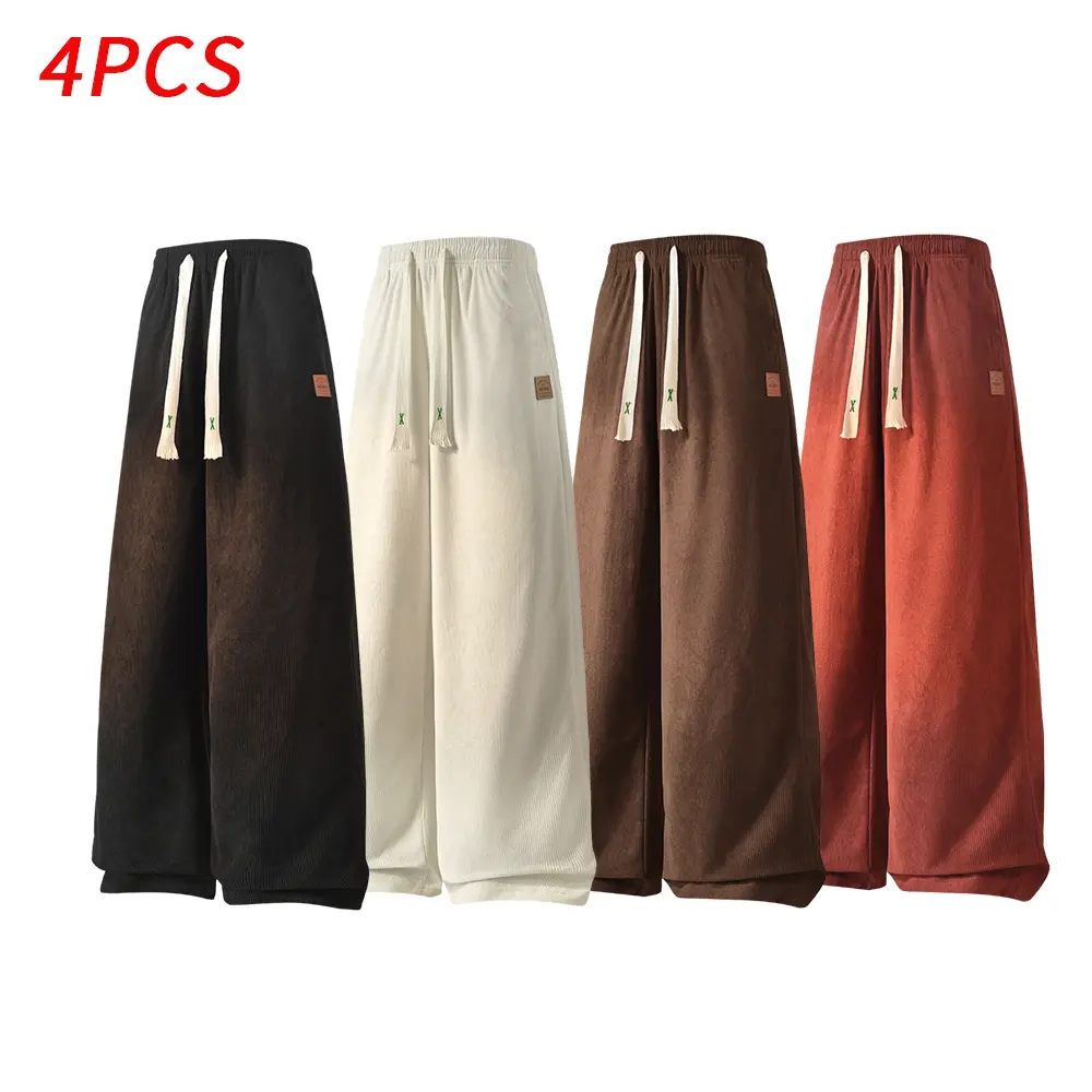 Men's 4-Pack Stylish Oversized Solid Color Casual Baggy Straight-Leg Elastic Trousers, Lightweight Breathable Drawstring Adjustable Waistband for Daily Wear, Pants, Loose-Fit