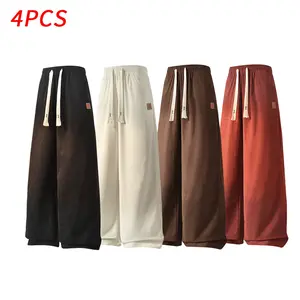 Men's 4-Pack Solid Color Casual Trousers, Lightweight Baggy Wide-Leg Style with Adjustable Waistband for Versatile Daily Wear, Baggy Adjustable Waistband Men's Pants