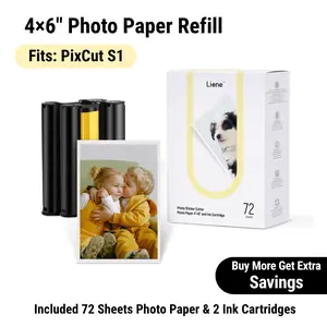[PixCut S1 4×6'' Photo Paper] Liene Photo Paper & Cartridge for PixCut S1, 2 Ink Cartridge Refill & 72 sheets photo papers, 4x6", Dye Sublimation, Water & Oxidation-Proof, Compatible only with PixCut S1