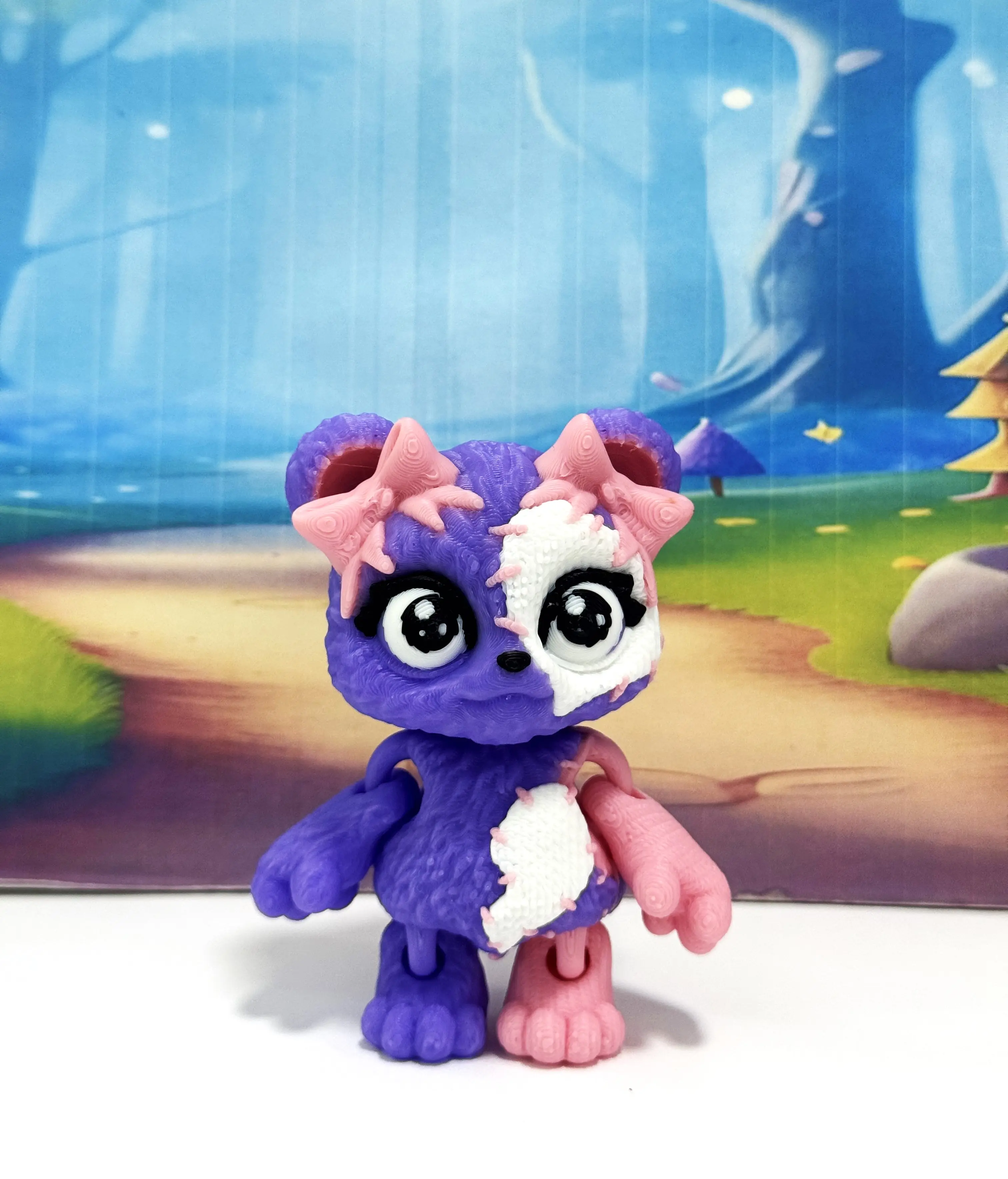 Patchwork Bear Fidget Toy, Purple, 3" 3D Printed Articulated Teddy Bear, Poseable Halloween Decor