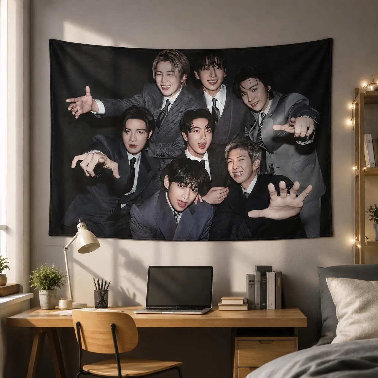 K-Pop 7-Member Boy Band Inspired Tapestry, Black & White Idol Photo Wall Hanging, Large Fabric Dorm Bedroom Decor, Fan Gift for Teen Girls, Concert Night Backdrop Banner