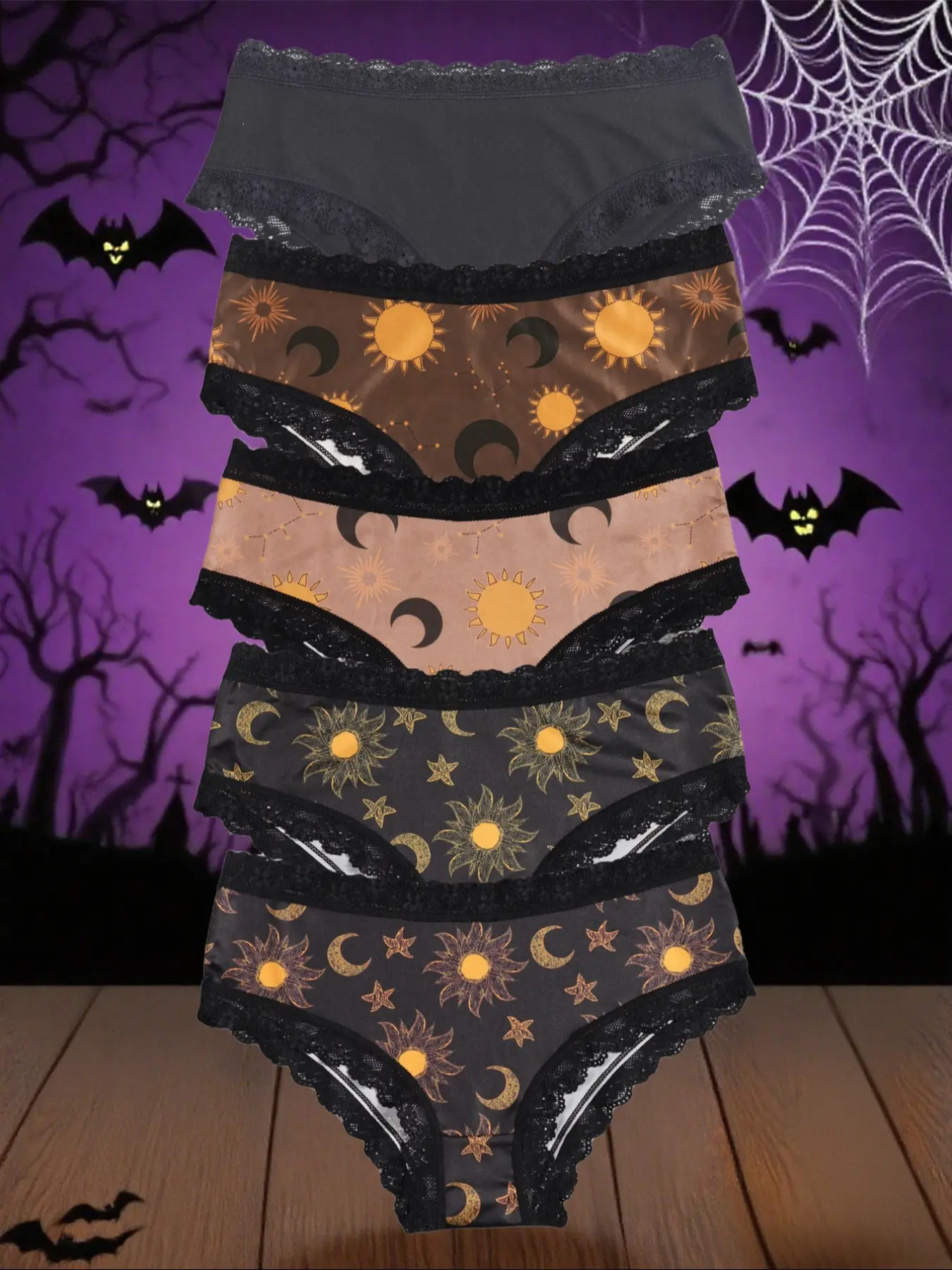 Morvia 5pcs Sexy Cute Gothic Halloween Contrast Lace Hipster Panties, Allover Print Comfy Intimates Briefs Panties, Lace Trim Panty, Lacy Panties, Women's Underwear & Lingerie