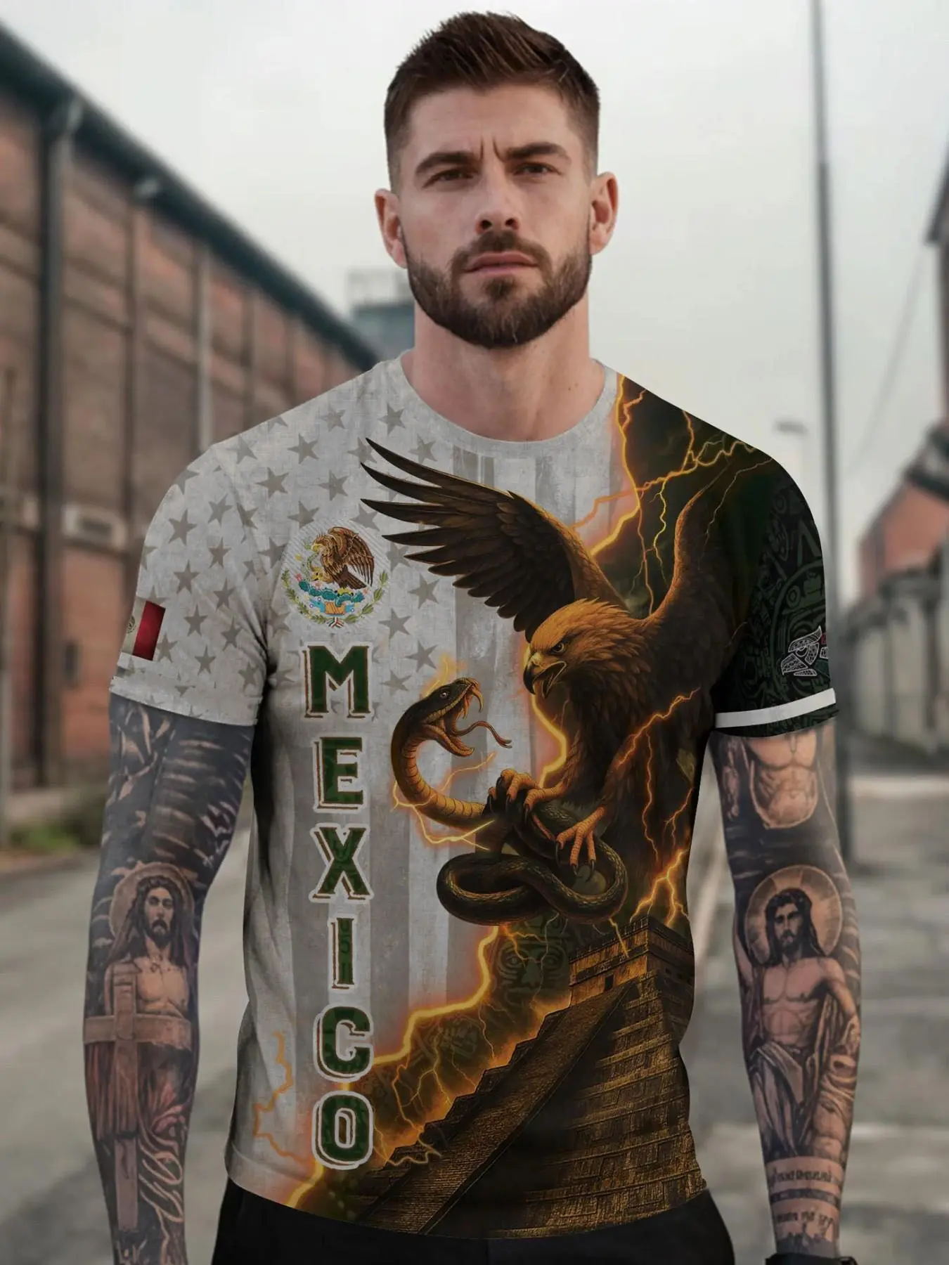Mexican Eagle & Aztec Pyramid Cultural Heritage Pride Long Shirt with Lightning Design, Fitted Novelty Casual Design for All Seasons, Unique Animal and Tribal Print, Tops