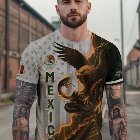 Mexican Eagle & Aztec Pyramid Cultural Heritage Pride Long Shirt with Lightning Design, Fitted Novelty Casual Design for All Seasons, Unique Animal and Tribal Print, Tops