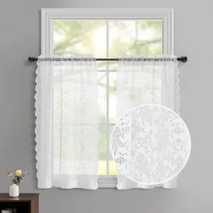 FINECITY White Cafe Curtains 30 Inch Length for Kitchen, Rustic Floral Design Farmhouse Privacy Lace Tier Curtains 2 Panels, Short Sheer Curtains for Small Windows, 25 x 30 Inch, 2 Panels, White