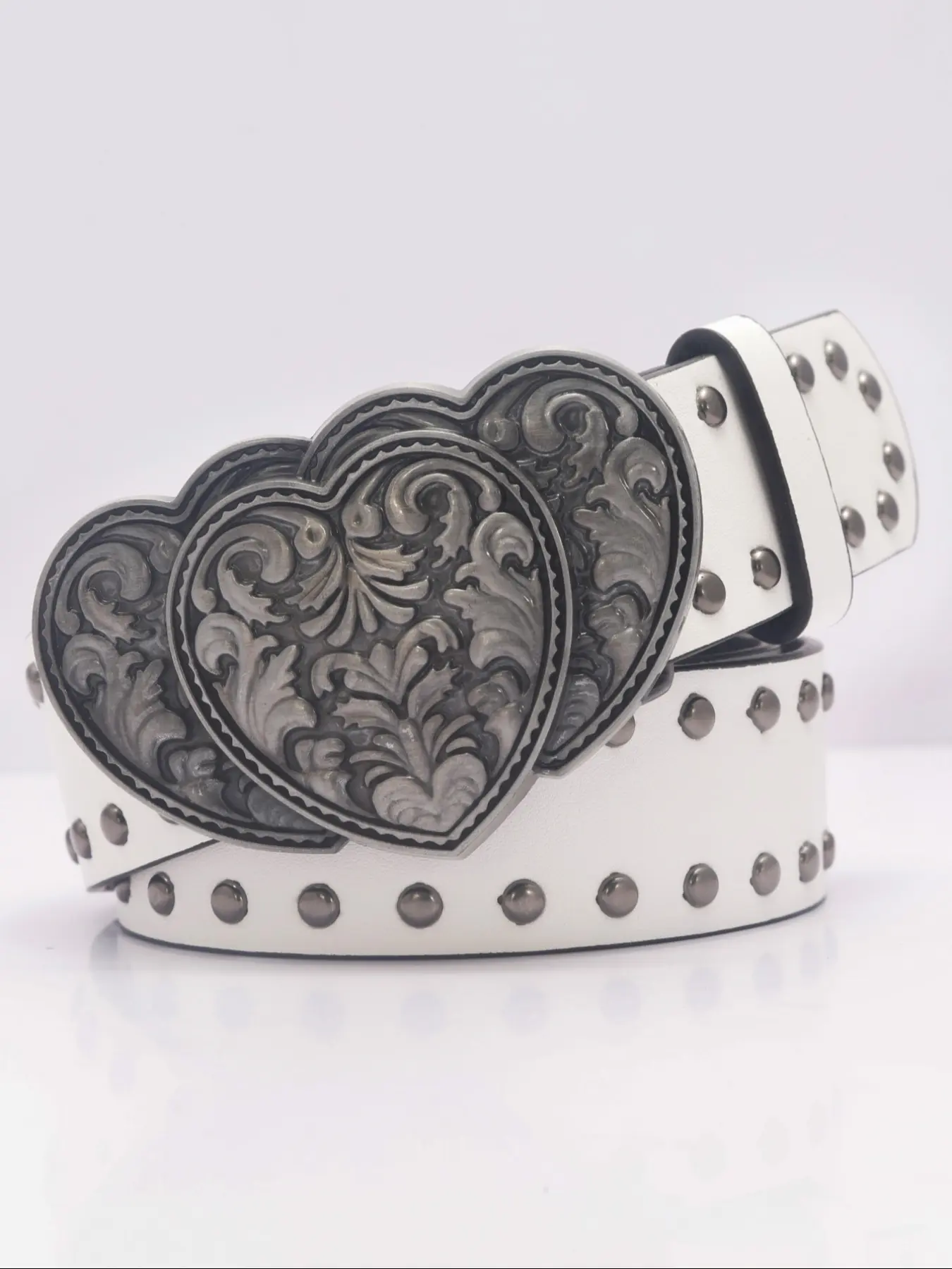 1pc women's vintage European and American style black three-heart alloy buckle double-row black rivet decoration PU belt suitable for daily life, parties, dresses, suits, waistband, slimming decoration