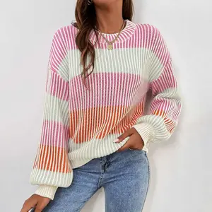 Pink Colorblock Textured Knit Bubble Sleeve Sweater