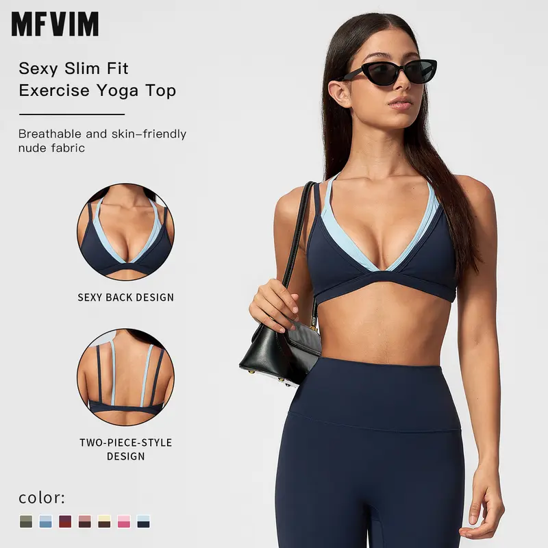 MFVIM Women's Elegant Colorblock Faux 2-Piece Thin-Strap Sports Bra Tank Top, Breathable Gym Workout Apparel, Female Women in Sports Activewear for Yoga, Upper Body Training, Note: Do Not Dry Clean,outdoorfun