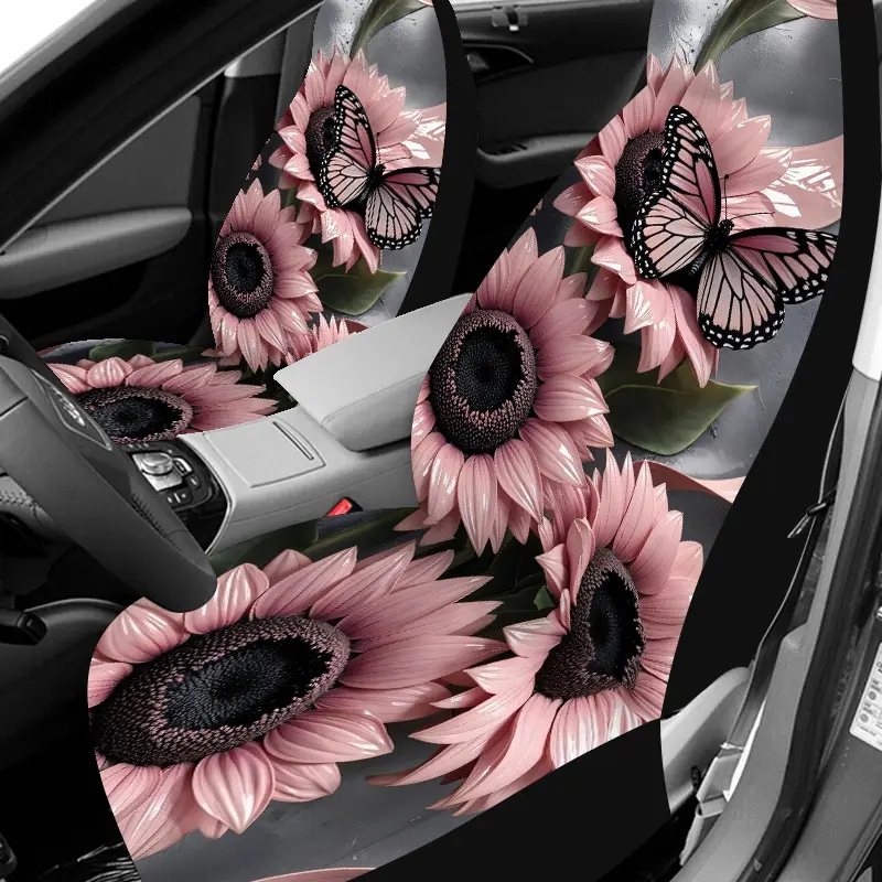 1 Set Pink Sunflower Butterfly Floral 3D Car Seat Cover, Universal Fit Car Seat Protector, Lovely Women Girls All-Year Floral Decor, 2pcs/5pcs High-Back Machine Washable Polyester, automotive seat covers, Car Seats Covers, Christmas Gift for Friends