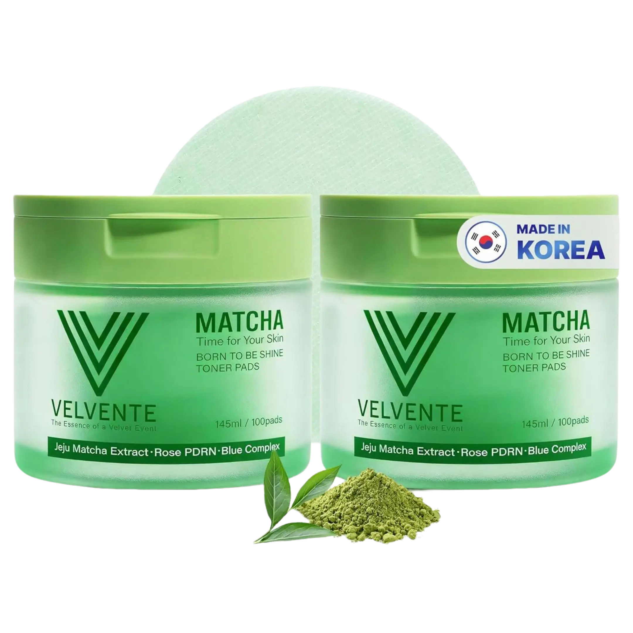 [2-PACK] Velvente Green Tea Matcha Toner Pads (100 per Pack, 2-Pack Set) with Rose PDRN, Peptides, Hyaluronic Acid - Korean Skincare for Acne-Prone Skin, Dark Spots & Uneven Tone, Soothing Radiant Complexion