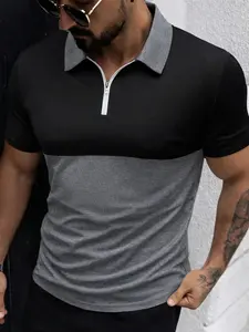 Men's Colorblock Zipper Collar Short Sleeve Polo Shirt, Soft Skin-Friendly Anti-Wrinkle Fabric, Casual Fit, Spring Summer Wear