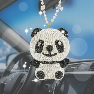 Crystal Panda Car Charm Bling Rearview Mirror Pendant with Pink Pearl Chain Bow Kawaii Car Accessories for Women​​