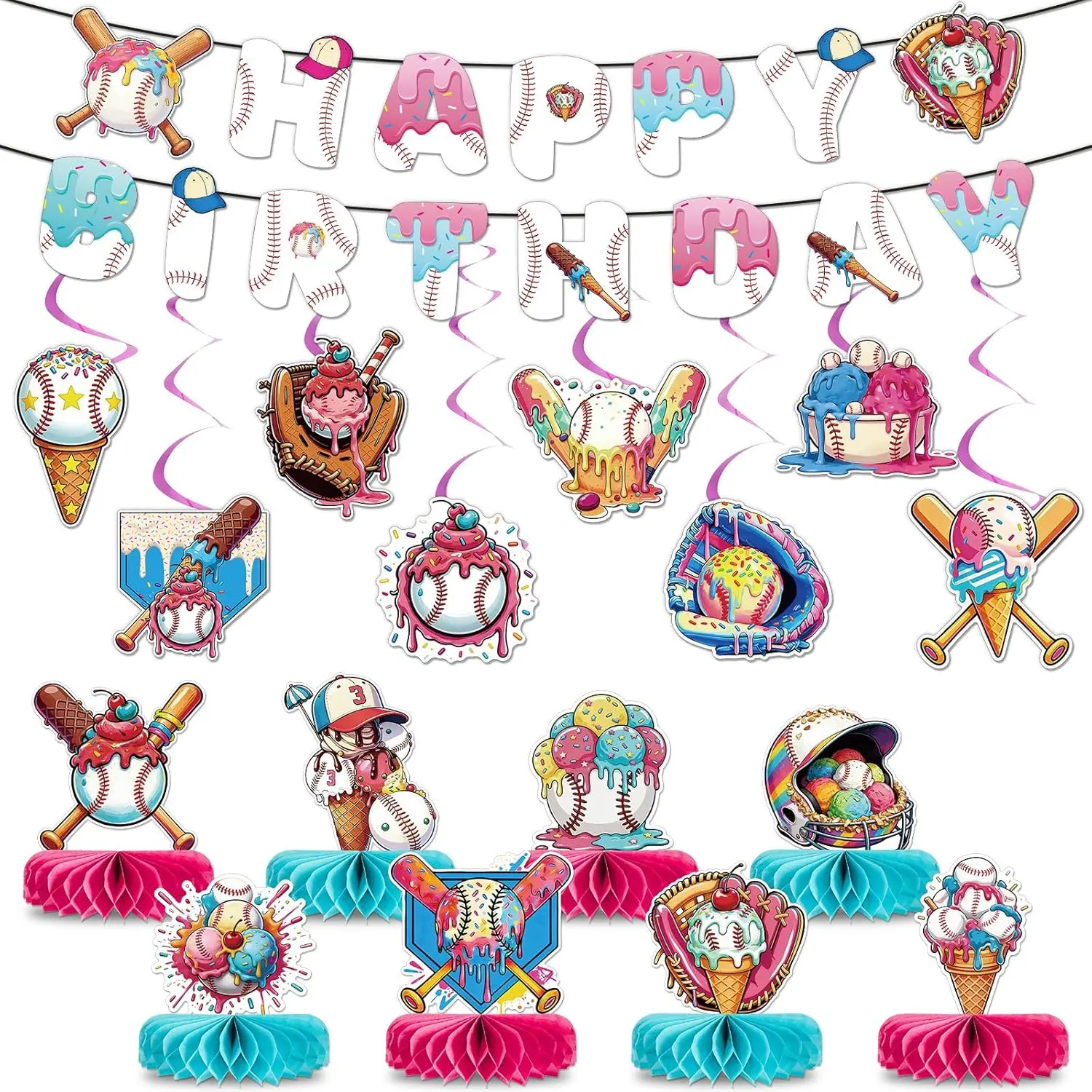 18Pcs Ice Cream Drip Baseball Birthday Party Decorations Baseball Ice Cream Drip Banners Hanging Swirls Honeycomb Centerpieces for Sports Lover Summer Birthday Baby Shower Game Day Party Supplies,back to school,back to school haul