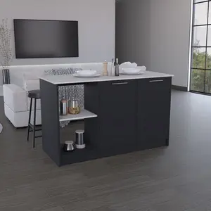 Kitchen Island with Large Countertop Open Storage Shelves and Double Door Cabinet Black/ Onyx