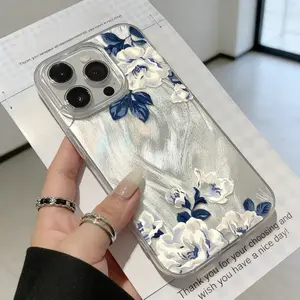 Vintage Blue & White Floral Oil Painting Smartphone Casing, Flexible TPU Aesthetic Protective Handheld Accessories for iPhone 11,12,13,14,15,16,17 Pro Max Devices