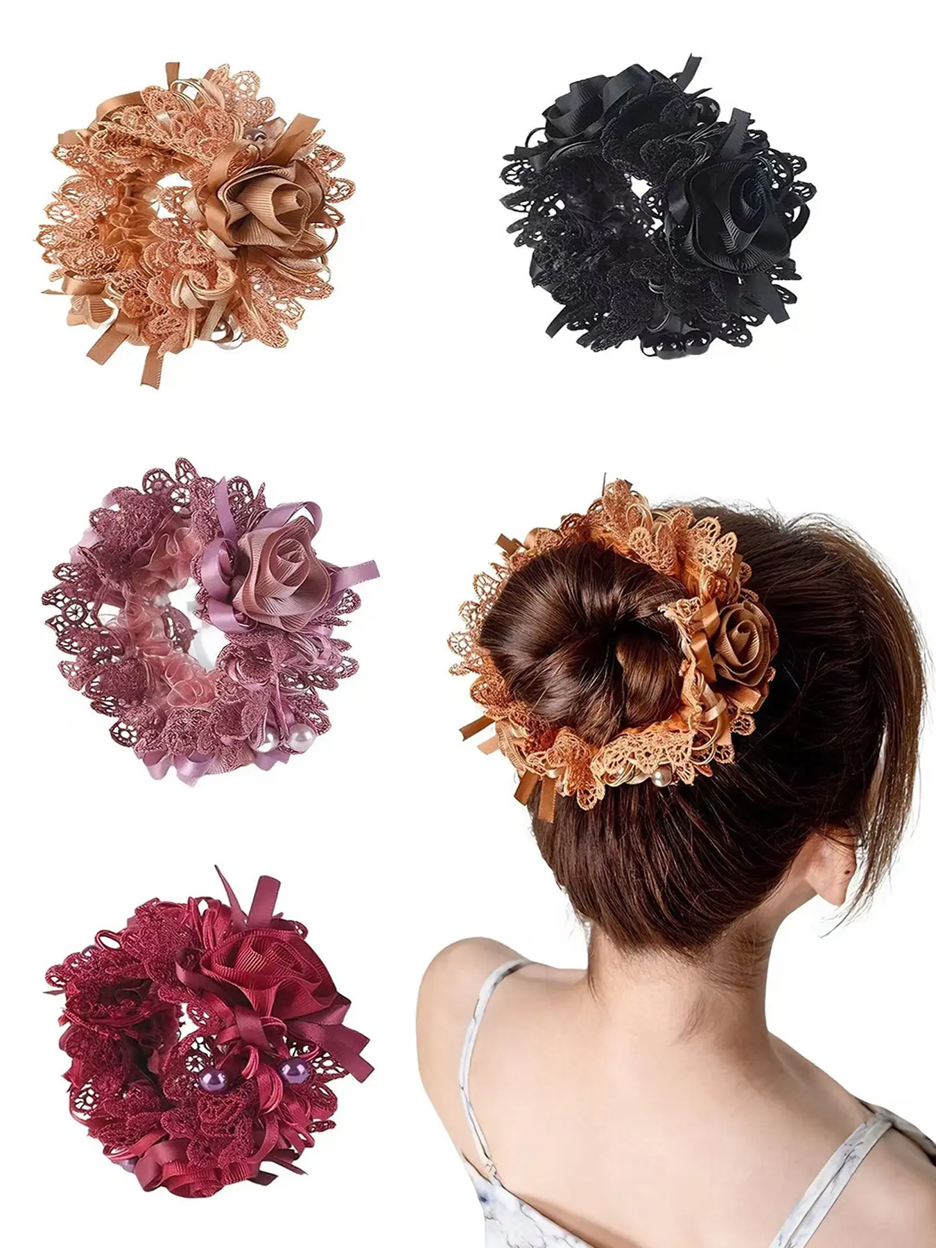 4pcs Soft Lace Scrunchies for Hair, 3 Inch Big Elastic Hair Ties, Rose and Pearl Silky Scrunchie for Women, Stylish Summer Hair Accessories, Floral Hairbands, Elastic Hair Accessory