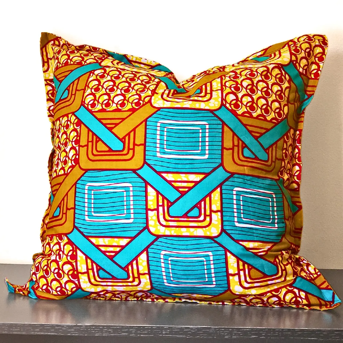 African Home Collection African Print Sofa Throw Pillow - Teal, Burgundy, Yellow, and Gold Geometric Design - Two Sizes Available