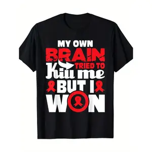 Men's & Women's Stroke Survivor T-Shirt - 100% Cotton 220gsm Heavyweight - Bold "My Own Brain Tried to Kill Me But I Won" Slogan & Red Ribbon Design - Stroke Awareness Apparel - Casual Comfort Fit Short Sleeve Round graphic tee men's t shirts