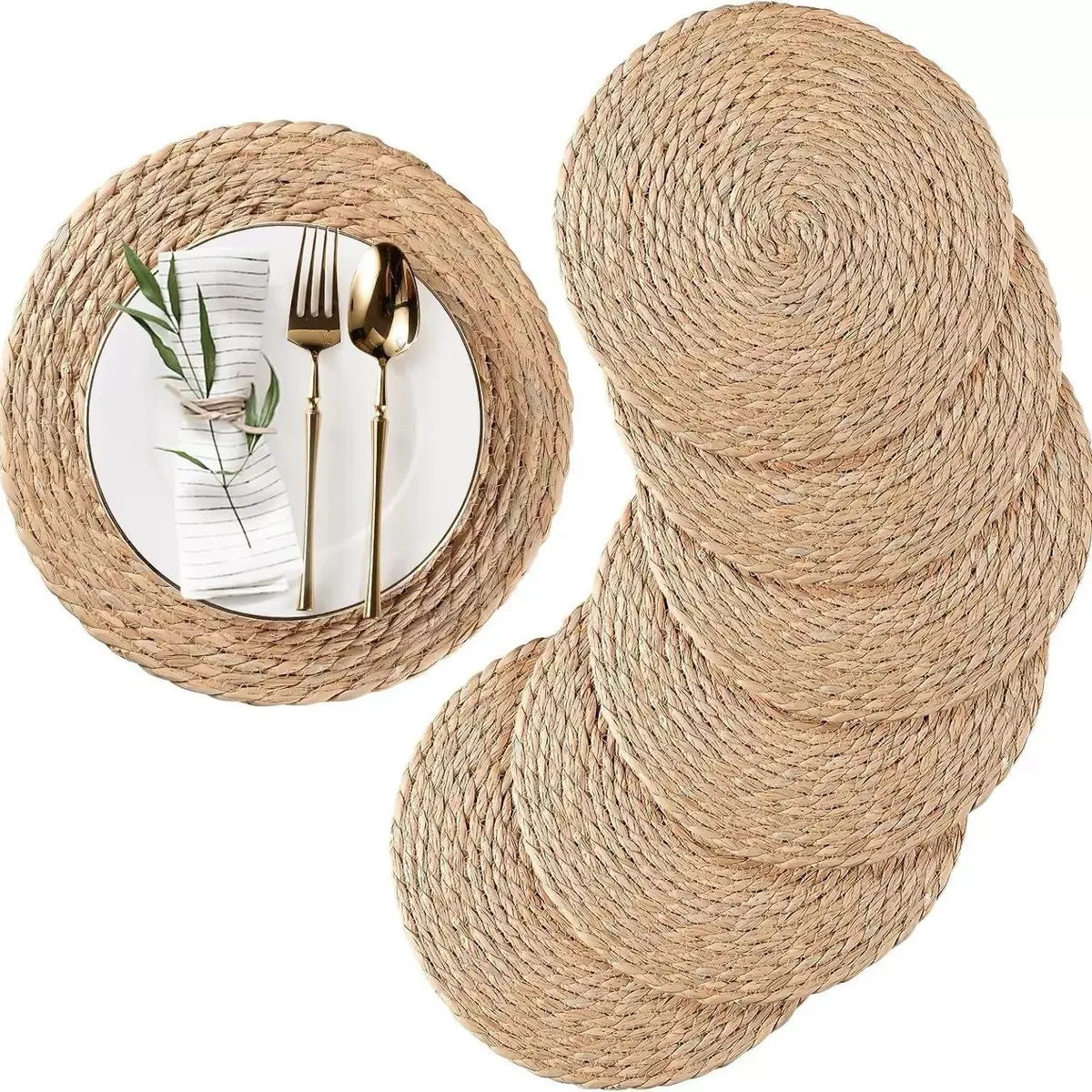Handmade Woven Placemats Set, Japanese Rustic Tea Cup Insulation Mats, Round Straw Bowl Coasters, Vintage Anti-Slip Washable Table Mats, Household Placemat, Traditional, Tableware