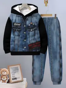 Boys' Fashionable Faux Denim Pattern Hoodie, 3D Print Long Sleeve Casual Sport Top, Spring & Fall Outdoor Wear, Stylish Boys' Clothing