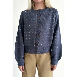 Flutter Button Down Hearts Cardigan in Navy - Cozy Winter Cardigan with Button Down Front Ribbed Details and Tiny Hearts Knit Pattern