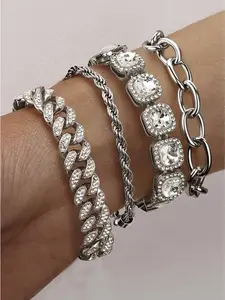 Dazzling 4 Pcs Silvery Diverse Bracelets Chunky Alloy Stainless Steel Bracelets Set for Women Men Tennis Bracelet Rhinestone Cuban Link Chain Bracelet Thick Punk Bracelet Stack