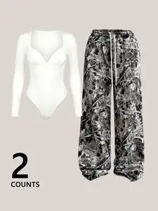 Women's Tight Fit Jumpsuit and Tree Print Pants Set, Sexy Long Sleeve, Casual Loose Fit, All Seasons, Bodysuit