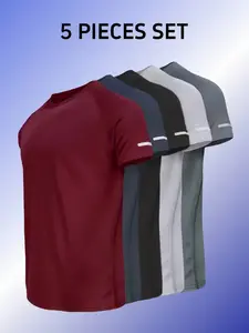 Men's Quick-Dry Short Sleeve T-Shirt Set, Gym Tees, Workout Clothes, Sporty Casual Breathable Fabric, Lightweight Comfort Fit, All Seasons Wear, 5 Pieces