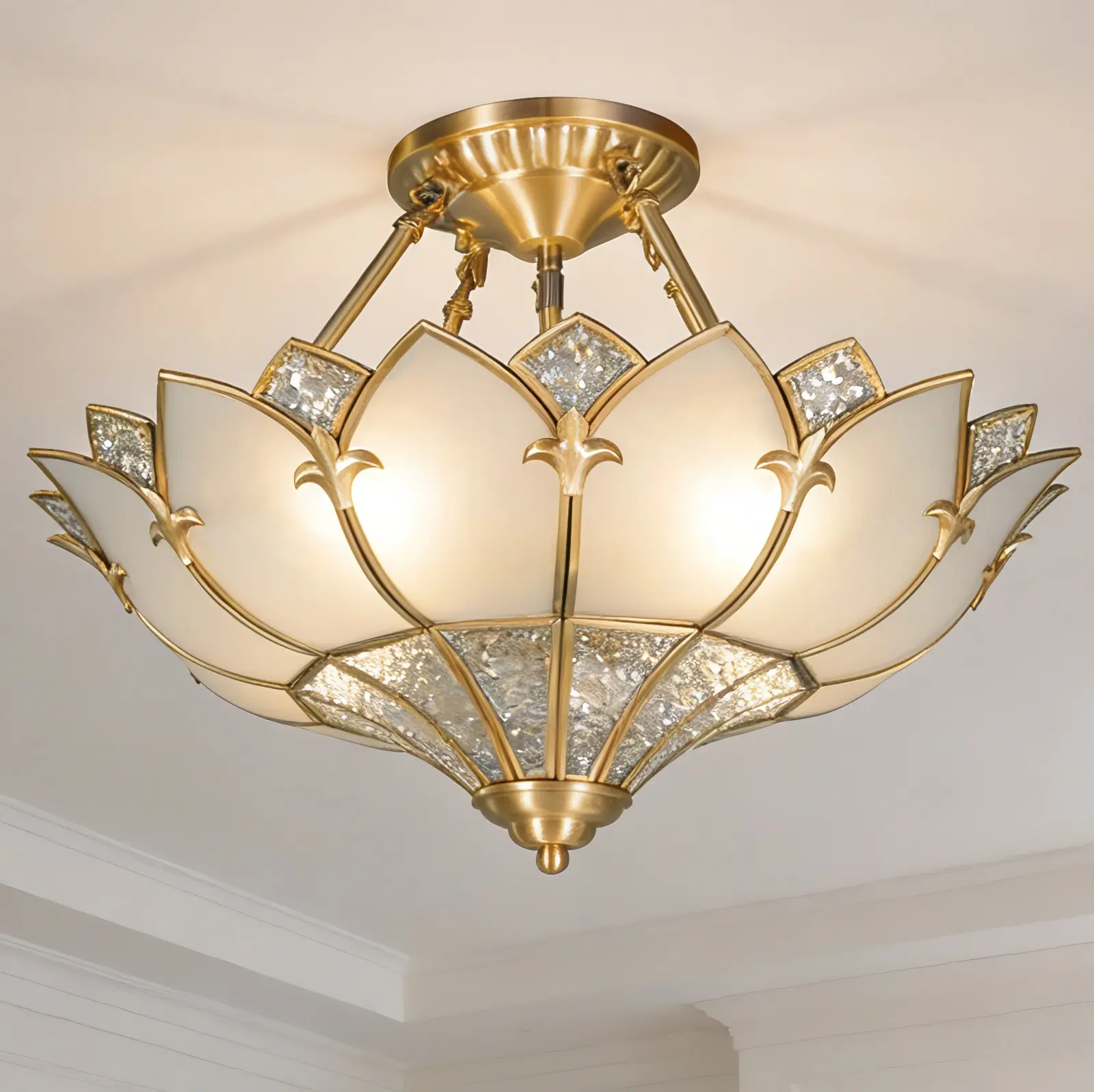 19-Inch Lotus Glass Semi Flush Mount Ceiling Light, 4-Light Natural Copper Ceiling Fixture with E26 Tri-Color Bulbs for Dining Room, Living Room & Bedroom