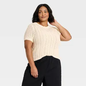Women's Short Sleeve Crochet Sweater Top - A New Day Cream 3X