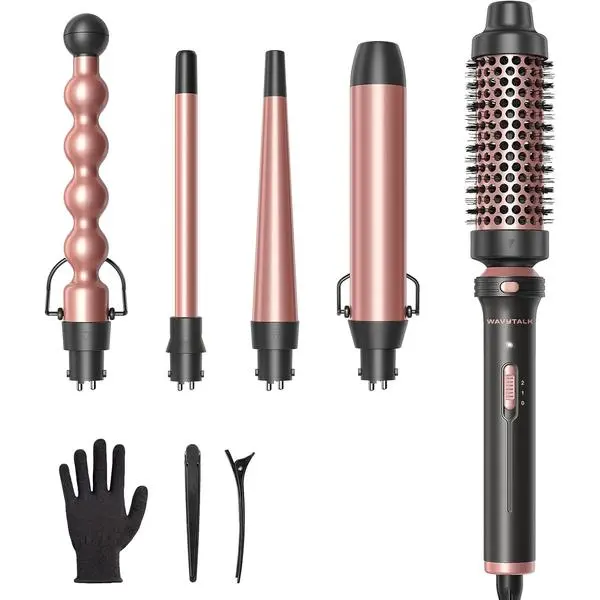 Wavytalk 5 in 1 Curling Wand Set with Thermal Brush & 0.5"-1.25" Barrels | Interchangeable Ceramic Curling Iron, Instant Heat Up Wand Curling Iron, Less Damage, Dual Voltage Curling iron for Travel