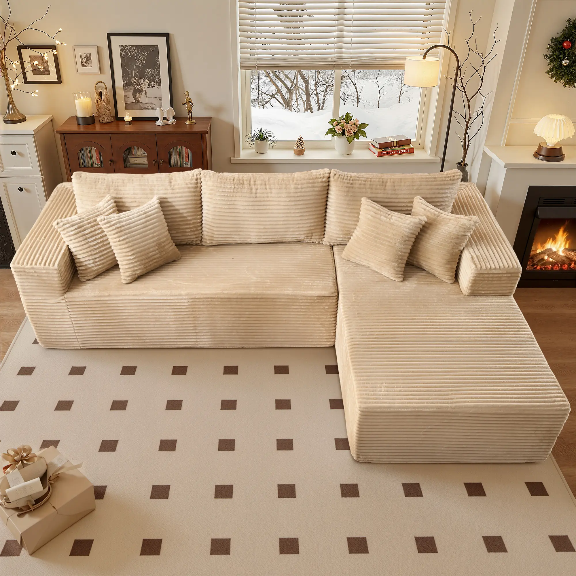 Beige Corduroy Right Chaise No Ottoman