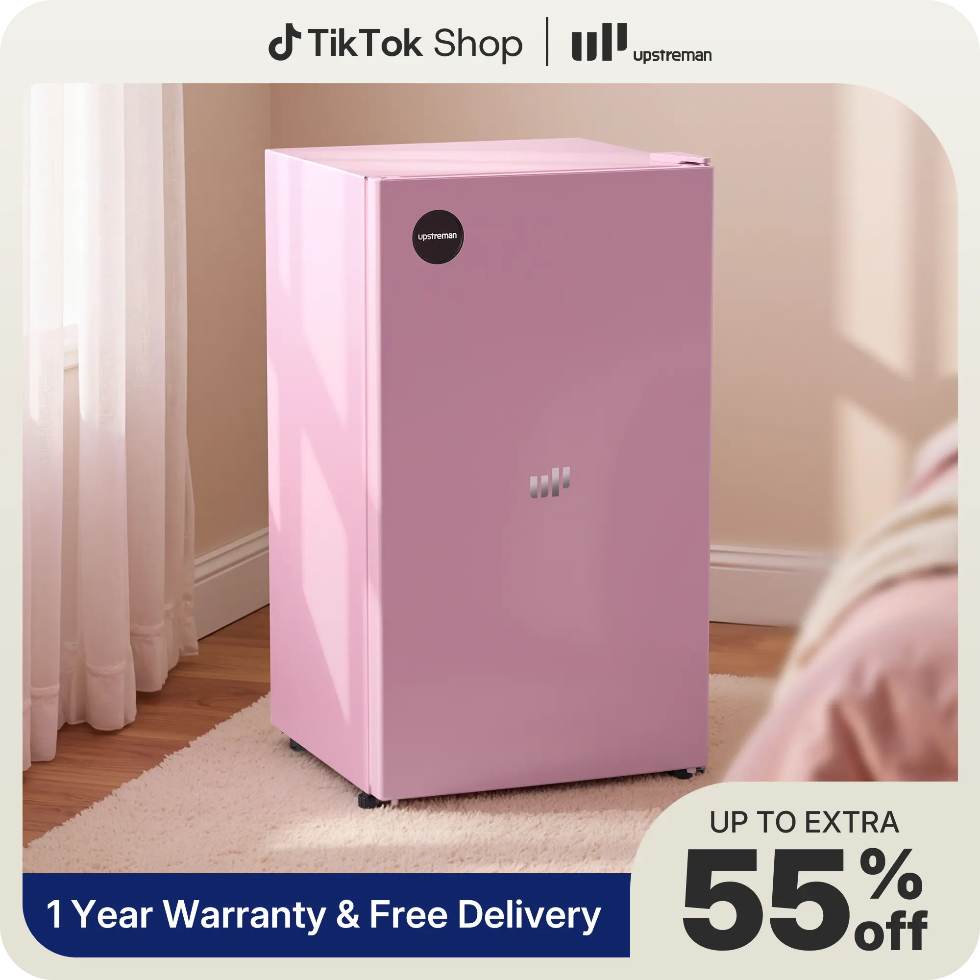 Upstreman 3.2 Cu.Ft Energy Star Certified Blush Pink Stainless Steel Mini Fridge - Energy Saver, R-600a, 60Hz, Adjustable Thermostat, Reversible Door, 3 Adjustable Glass Shelves for Dorm Room Inspo, College Dorm Shopping, Apartment Shopping - CR32