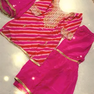 Punjabi Sharara Suit - Pink & Red Striped Casual Women's Wear with Elegant Design and Gold Trim - Womenswear Party