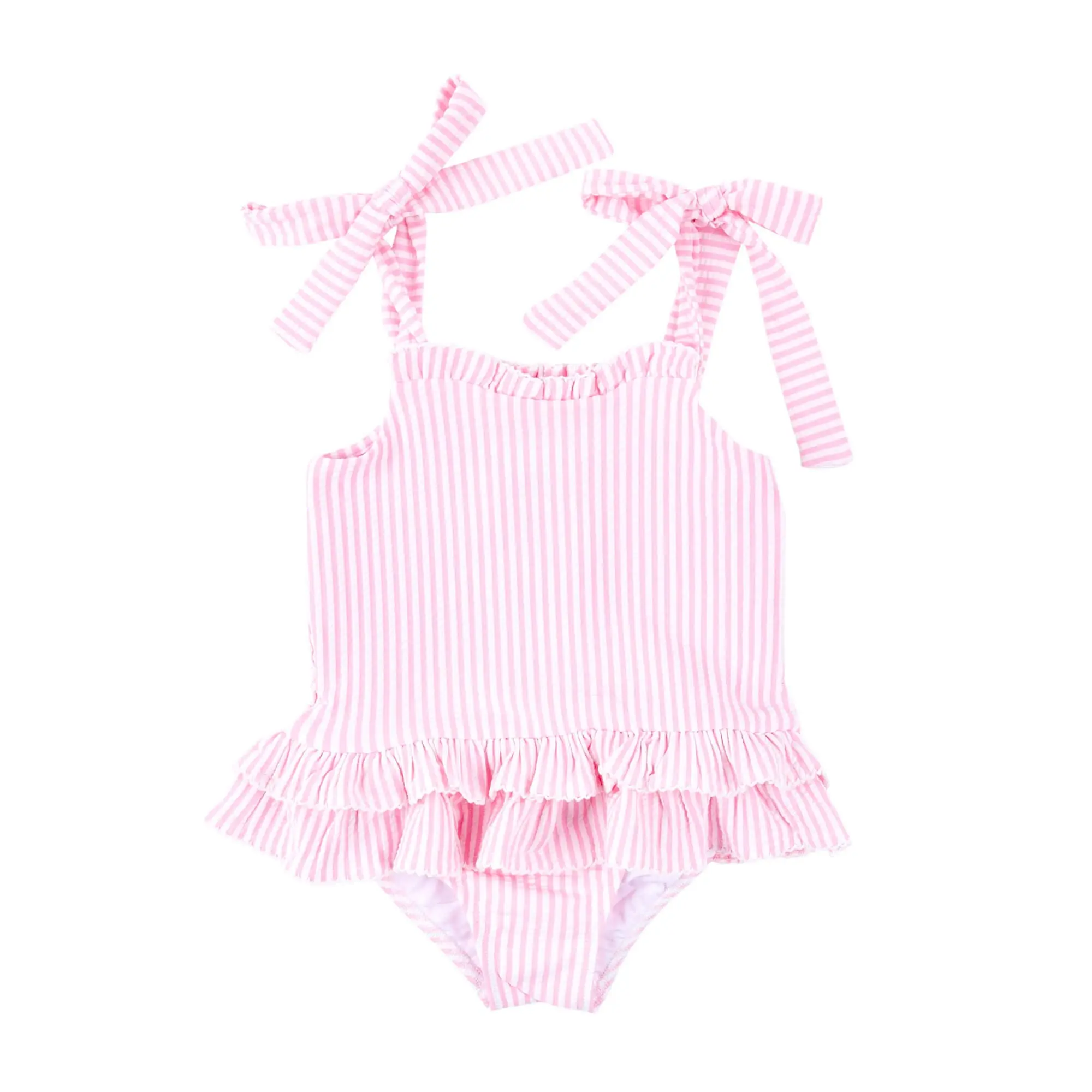 Santorini Pink Stripe One Piece Swimsuit - Girls Ruffle Swimwear with Tie Straps