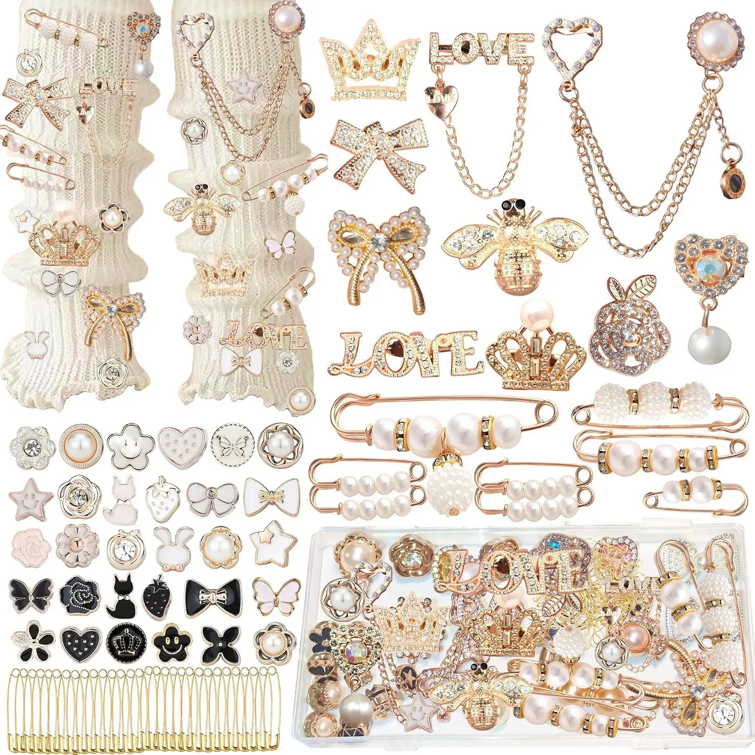 72PCS Gold Junk Sock Charms & Brooches Kit - DIY Pearls Rhinestone Safety Pins for Sneakers, Bags & Hats