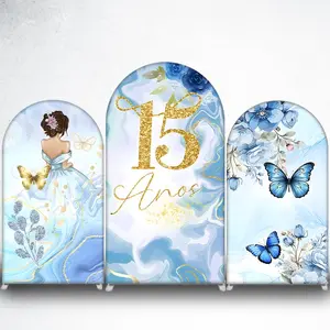 Light Blue Floral and Butterflies Arch Backdrop Cover for Wedding Photo Booth