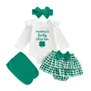 Canrulo Newborn Baby Girl St. Patrick's Day Outfit 1st Letter Long Sleeve Romper+Tutu Skirts+Leg Warmers+Headband 4Pcs Clothes