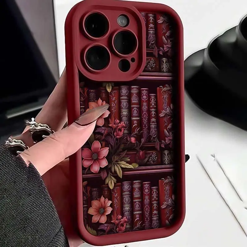 Floral & Book Pattern Phone Case, Anti-drop Decorative Phone Protector Cover, Phone Accessories Compatible with Phone 6 7 8 X 11 12 13 14 15 16 17 Pro Max