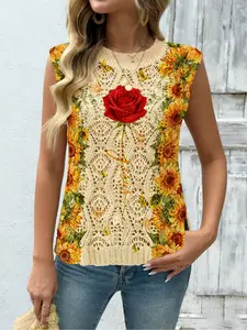 Floral Print Round Neck Sweater, Casual Elegant Chic Sleeveless Fitted Knitwear for Spring Summer Fall, Comfortable Warm Women's Clothing