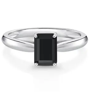 Gem Stone King 0.97 Cttw Black Onyx 10K White Gold Solitaire Engagement Ring for Women | Emerald Cut 7X5MM | Gemstone Birthstone