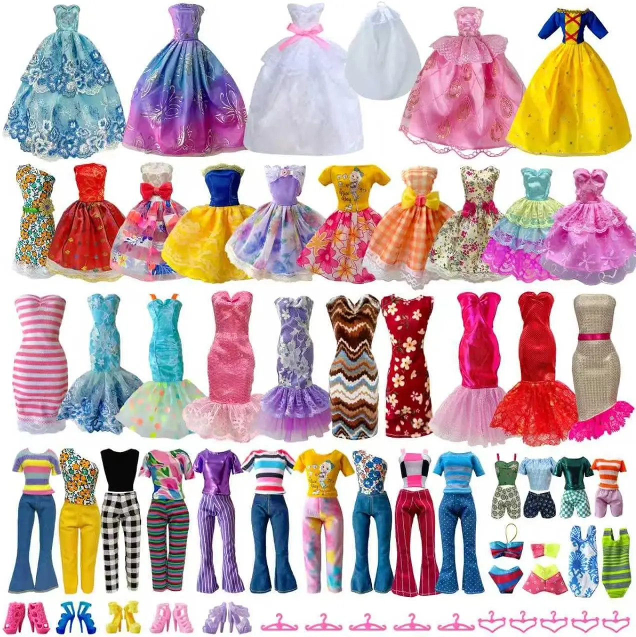 31-Piece Doll Clothes & Accessories Set for 11.5-Inch Girl Dolls – Fashion Dresses, Evening Gowns, Tops, Pants & Wedding Dress – Random Assorted Doll Outfits