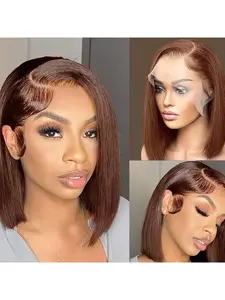 Brown Bob Wig Human Hair 13x4 Lace Front Wig Golden Brown Wig Short Straight #4 Bob Lace Front Wig Suitable for All Women, Pre-plucked Baby Hair, Density 150% Suitable for Daily, Festival and Party