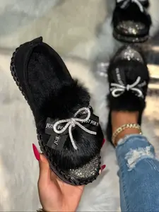 Women's Winter Bow Fur Boots, Rhinestone Patchwork Lined Beanies, Letter Ribbon Warm Outdoor Lazy Shoes, New Arrival Fashion Footwear, Walking Shoes