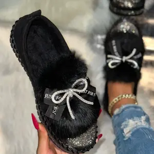 Women's Winter Bow Fur Boots, Rhinestone Patchwork Lined Beanies, Letter Ribbon Warm Outdoor Lazy Shoes, New Arrival Fashion Footwear