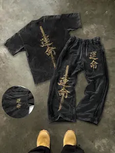 Men's T-Shirt and Long Pants Set, Destiny Print Top with Straight Leg Pants, Outdoor Casual Party Wear, All Seasons