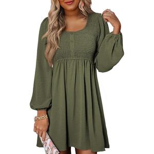 Dokotoo Womens 2026 Casual Dress Smocked Crewneck Button Up Long Sleeve Empire Waist A-Line Mini Dress